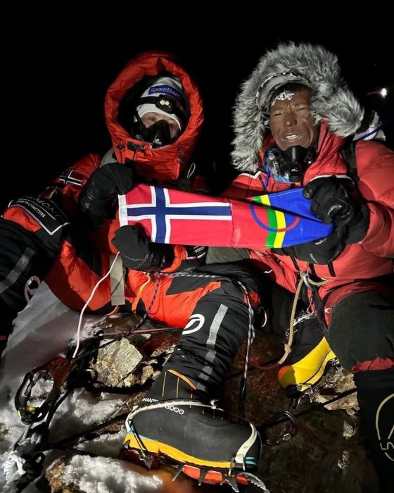 Tenjen Lama Sherpa and Kristin Harila on the summit of Broad Peak. Photo: Seven Summit Treks